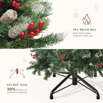 YITAHOME Pre-lit Pre-Decorated Pine Artificial Christmas Tree, 6FT Artificial Hinged Xmas Tree with 818 Flocked Frosted Tips, 250 Lights, 58 Pine Cones & 58 Red Berries for Holiday Party Office Home