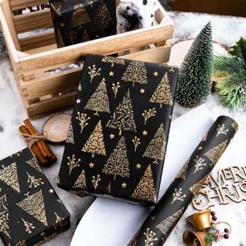 Homeral Christmas Wrapping Paper Roll - 46.8 sq.ft. 3D Embossed Gold Foil Christmas Tree, Star on Bl...