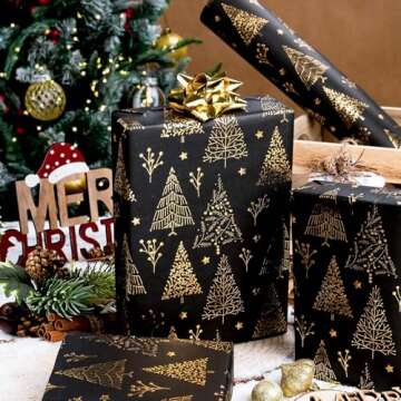 Homeral Christmas Wrapping Paper Roll - 46.8 sq.ft. 3D Embossed Gold Foil Christmas Tree, Star on Black for Christmas, New Year Celebration, Holiday - 17in x 33ft