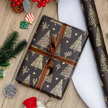 Homeral Christmas Wrapping Paper Roll - 46.8 sq.ft. 3D Embossed Gold Foil Christmas Tree, Star on Black for Christmas, New Year Celebration, Holiday - 17in x 33ft