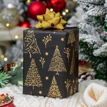 Homeral Christmas Wrapping Paper Roll - 46.8 sq.ft. 3D Embossed Gold Foil Christmas Tree, Star on Black for Christmas, New Year Celebration, Holiday - 17in x 33ft