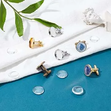 PH PandaHall 24 Sets 3 Color Brass Cufflinks Tray Settings with Dome Clear Glass Covers Cabochons Bezel Blanks for Picture Cuff Button Making, Tray 16mm