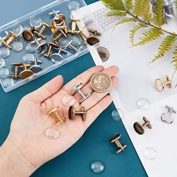 PH PandaHall 24 Sets 3 Color Brass Cufflinks Tray Settings with Dome Clear Glass Covers Cabochons Bezel Blanks for Picture Cuff Button Making, Tray 16mm