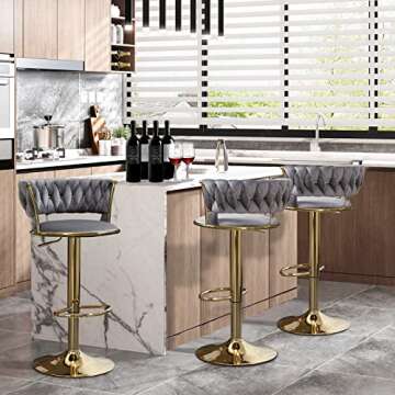 Deolme Swivel Velvet Bar Stools Set of 3, Adjustable Counter Height Barstools Bar Chairs Modern Coun...