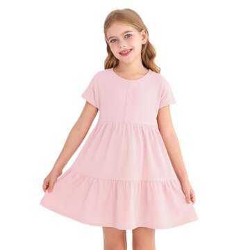 HOOGRIN Girls Waffle Knit Button Detail Tiered Dresses Short Sleeve Casual Sun Beach Dress,Light Pin...
