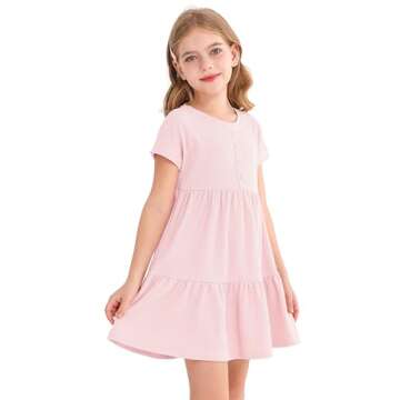 HOOGRIN Girls Waffle Knit Button Detail Tiered Dresses Short Sleeve Casual Sun Beach Dress,Light Pink,11-12 Years
