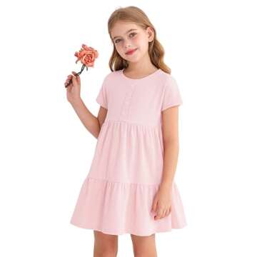 HOOGRIN Girls Waffle Knit Button Detail Tiered Dresses Short Sleeve Casual Sun Beach Dress,Light Pink,11-12 Years