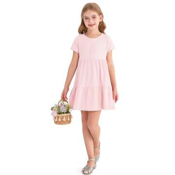 HOOGRIN Girls Waffle Knit Button Detail Tiered Dresses Short Sleeve Casual Sun Beach Dress,Light Pink,11-12 Years