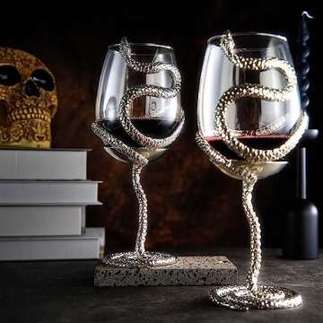 Stemmed Snake Wine Glass | Set of 2 | 19oz Spooky Reptile Glasses 10" H, Gifts, Skeleton Gifts, Skeleton Decor, Spooky Wine Gift Set, Perfect for Themed Parties (Silver)