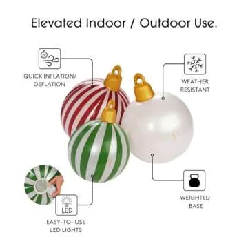 FUNBOY Giant Inflatable Light-Up Classic Christmas Ornaments, 3 Giant Sizes 24'', 22'' and 16.5'' Indoor/Outdoor (3 Pack)