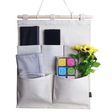 KINGREE Over The Door Magazine Storage Pockets, Wall Door Closet Hanging Storage Bag Organizer, (5 Pockets-Nature)