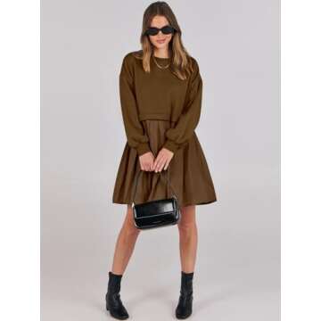 ANRABESS Women Sweatshirts Dress Oversized Long Sleeve Patchwork Casual Loose Pleated Pullover Mini Dress Fall Outfits 2025 Coffee Small
