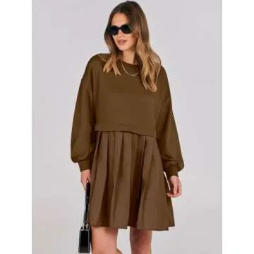 ANRABESS Women Sweatshirts Dress Oversized Long Sleeve Patchwork Casual Loose Pleated Pullover Mini Dress Fall Outfits 2025 Coffee Small