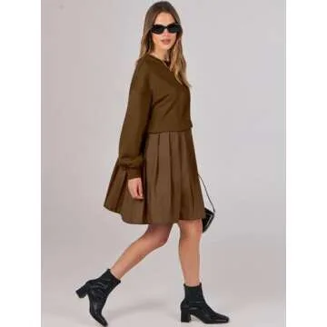 ANRABESS Women Sweatshirts Dress Oversized Long Sleeve Patchwork Casual Loose Pleated Pullover Mini Dress Fall Outfits 2025 Coffee Small