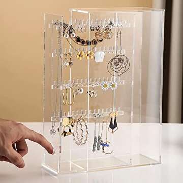 Beilly Acrylic Jewelry Organizer Box, Earring Holder for Necklaces Rings Earrings Display Stand, Gift for Women, Girls, 11.8 inch H x 6.3 inch L x 3.14 inch W, Clear
