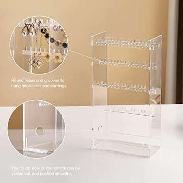 Beilly Acrylic Jewelry Organizer Box, Earring Holder for Necklaces Rings Earrings Display Stand, Gift for Women, Girls, 11.8 inch H x 6.3 inch L x 3.14 inch W, Clear