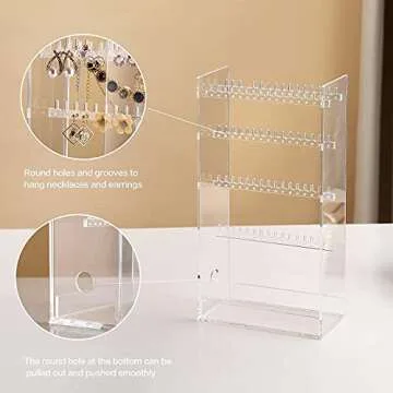 Beilly Acrylic Jewelry Organizer Box, Earring Holder for Necklaces Rings Earrings Display Stand, Gift for Women, Girls, 11.8 inch H x 6.3 inch L x 3.14 inch W, Clear