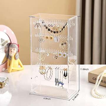 Beilly Acrylic Jewelry Organizer Box, Earring Holder for Necklaces Rings Earrings Display Stand, Gift for Women, Girls, 11.8 inch H x 6.3 inch L x 3.14 inch W, Clear