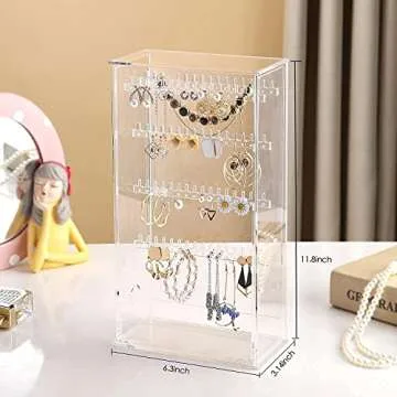 Beilly Acrylic Jewelry Organizer Box, Earring Holder for Necklaces Rings Earrings Display Stand, Gift for Women, Girls, 11.8 inch H x 6.3 inch L x 3.14 inch W, Clear