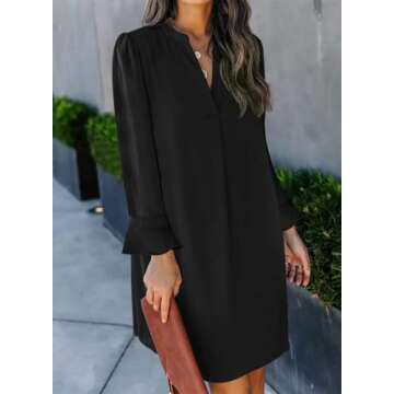Wkior Elegant Black Dress for Women Long Sleeve Casual