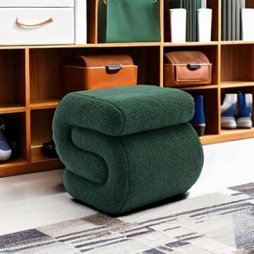 LETESA Modern Teddy Fabric Upholstered Ottoman, Exquisite Small End Table, Soft Foot Stool with S-Shape, Dressing Makeup Chair, Comfortable Seat for Living Room, Bedroom (Green Teddy, S-Shape)