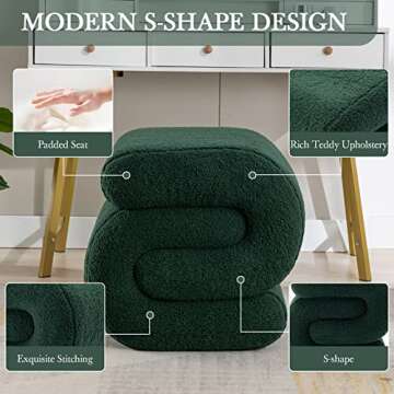 LETESA Modern Teddy Fabric Upholstered Ottoman, Exquisite Small End Table, Soft Foot Stool with S-Shape, Dressing Makeup Chair, Comfortable Seat for Living Room, Bedroom (Green Teddy, S-Shape)