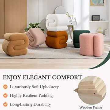 LETESA Modern Teddy Fabric Upholstered Ottoman, Exquisite Small End Table, Soft Foot Stool with S-Shape, Dressing Makeup Chair, Comfortable Seat for Living Room, Bedroom (Green Teddy, S-Shape)