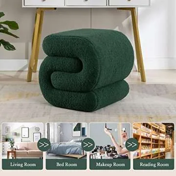 LETESA Modern Teddy Fabric Upholstered Ottoman, Exquisite Small End Table, Soft Foot Stool with S-Shape, Dressing Makeup Chair, Comfortable Seat for Living Room, Bedroom (Green Teddy, S-Shape)