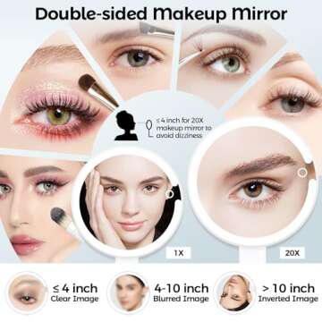 PEDOMIROR Travel Magnifying Mirror with Light, Lighted Makeup Mirror with Magnification 20X /1X Double Sided, Lighted Vanity Mirror with Tweezer, Portable Tabletop Mirror 3 Color HandHold Hanging
