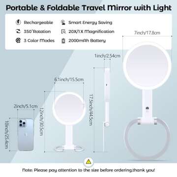 PEDOMIROR Travel Magnifying Mirror with Light, Lighted Makeup Mirror with Magnification 20X /1X Double Sided, Lighted Vanity Mirror with Tweezer, Portable Tabletop Mirror 3 Color HandHold Hanging