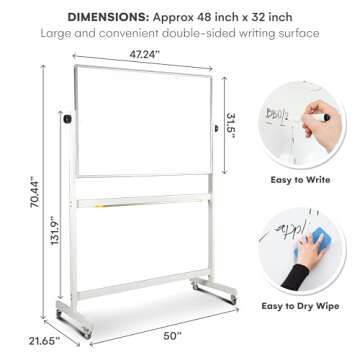 Flybold Rolling Whiteboard with Stand 48x32 Large - Portable White Board on Wheels Double Sided - Wall Mount or Mobile Dry Erase Board with Accessories for Home Office Presentation, Writing, Coaching