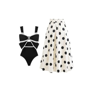 FLAXMAKER Women's Polka Dot Swimsuit with Bow-tie & Skirt - Elegant Beachwear