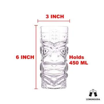 Clear Tiki Glasses, Set of 4 - 450 ML - Perfect for Exotic Cocktails, Lemonade, Ice Tea, Mixed Drink...