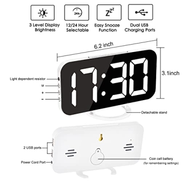 Ygdigital 6.5 Inch LED Mirror Alarm Clock with USB Ports