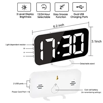 Ygdigital 6.5 Inch LED Mirror Alarm Clock with USB Ports