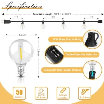 100FT LED Outdoor String Lights Dimmable Waterproof