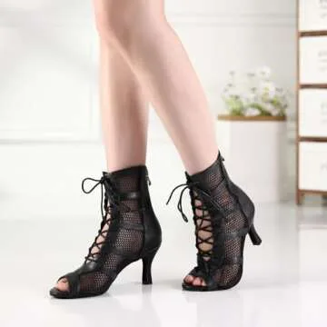 AOQUNFS Women Ballroom Dance Shoes - Lace-up Open Toe Ankle Boots for Salsa & Latin Dance