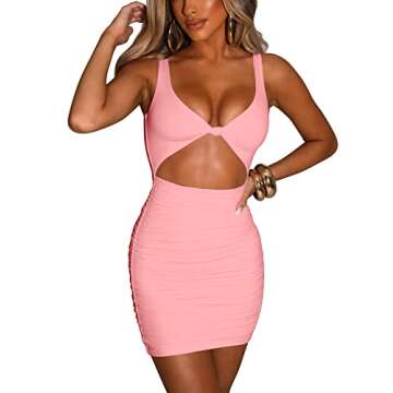 Kaximil Women's Sexy Bodycon Sleeveless Cut Out Ruched Tank Mini Club Party Dresses, Small, Pink