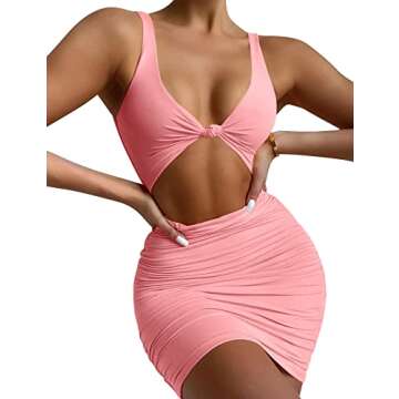 Kaximil Women's Sexy Bodycon Sleeveless Cut Out Ruched Tank Mini Club Party Dresses, Small, Pink