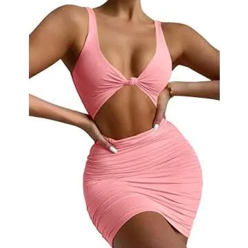 Kaximil Women's Sexy Bodycon Sleeveless Cut Out Ruched Tank Mini Club Party Dresses, Small, Pink