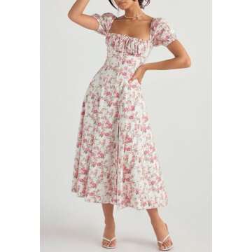 Linsery Women Floral Maxi Dress with Puff Sleeve Elegant Square Neck Cottagecore Boho Dresses Floral White Small