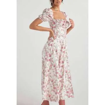 Linsery Women Floral Maxi Dress with Puff Sleeve Elegant Square Neck Cottagecore Boho Dresses Floral White Small