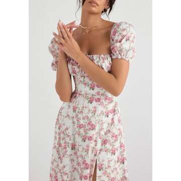 Linsery Women Floral Maxi Dress with Puff Sleeve Elegant Square Neck Cottagecore Boho Dresses Floral White Small