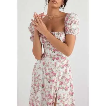 Linsery Women Floral Maxi Dress with Puff Sleeve Elegant Square Neck Cottagecore Boho Dresses Floral White Small