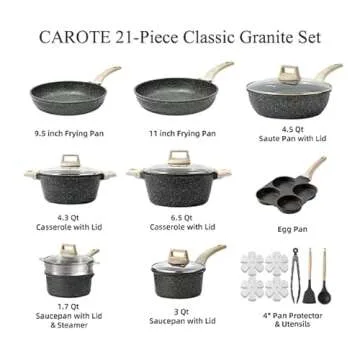 CAROTE 21pcs Pots and Pans Set Nonstick, Cookware Set Black Granite Induction Kitchen Cooking Set w/...