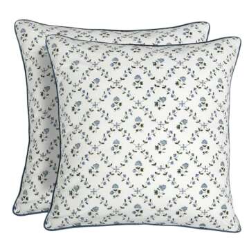 Ridhi Powder Blue Block Print Preppy Grandmillennial Pillow Cover Set of 2-20" x 20" Throw Pillow fo...