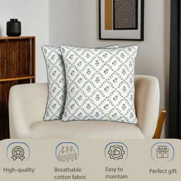Ridhi Powder Blue Block Print Preppy Grandmillennial Pillow Cover Set of 2-20" x 20" Throw Pillow for Home White Floral Pillow Cover Grandmillennial Home Decor Thanksgiving