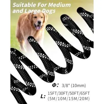 Joytale Long Leash for Dogs, Training Leash with Removable Padded Handle, Double Hook, 15FT/30FT/50FT/65FT Dog Obedience Recall Training Agility Lead for Play, Camping, Backyard Tie Out, Black, 15FT