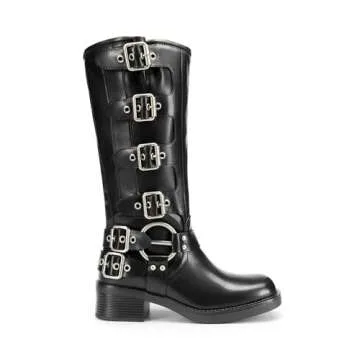 DREAM PAIRS Women's Knee High Riding Boots - Slip On Motorcycle Boots with Buckles