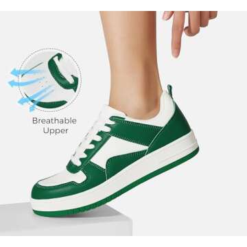 LUCKY STEP Women Fashion Sparkle Rhinestone Sneakers White Leather Low Top Tennis Shoes Lace Up Casual Comfortable Walking Shoe(Green/White,9)